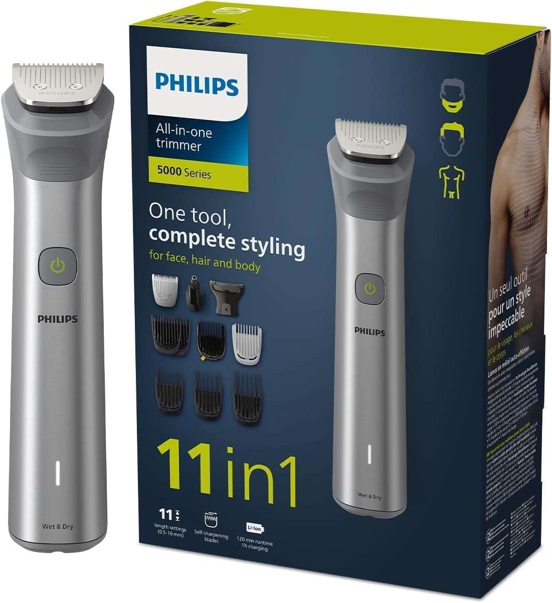 Philips All-in-One Trimmer Series 5000 MG5930/15 | 11-in-1 Face, Hair & Body Grooming | Nose & Ear| 120min Cordless, Showerproof