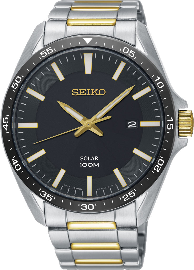 Seiko Men's 43mm Two Tone Steel Bracelet Steel Case Hardlex Crystal Solar Black Dial Analog Watch SNE485P1