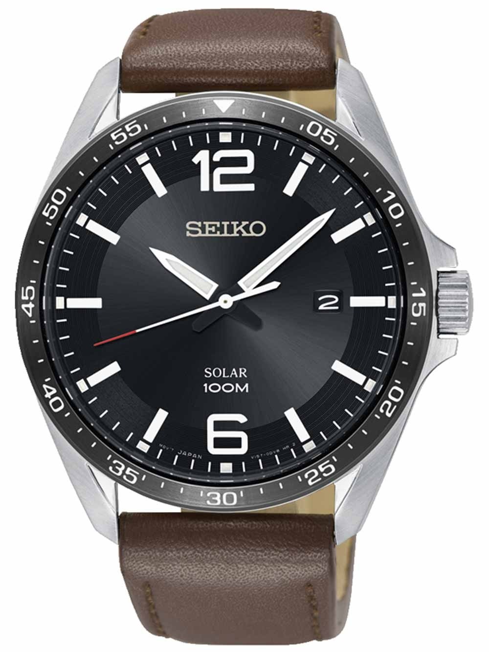 Seiko Men's Solar Black Dial Brown Leather Strap Watch SNE487P1