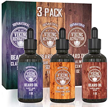 Viking Revolution Beard Oil Conditioner 3 Pack - All Natural Variety Gift Set - Sandalwood, Pine & Cedar, Clary.