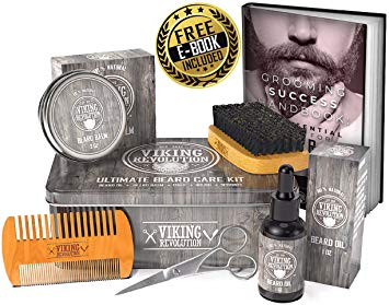 Viking Revolution Beard Care Kit for Men - Kit includes Men’s Beard Brush, Wooden Beard Comb, Beard Balm, Beard Oil, Beard & Mustache Scissors in a Metal Gift Box