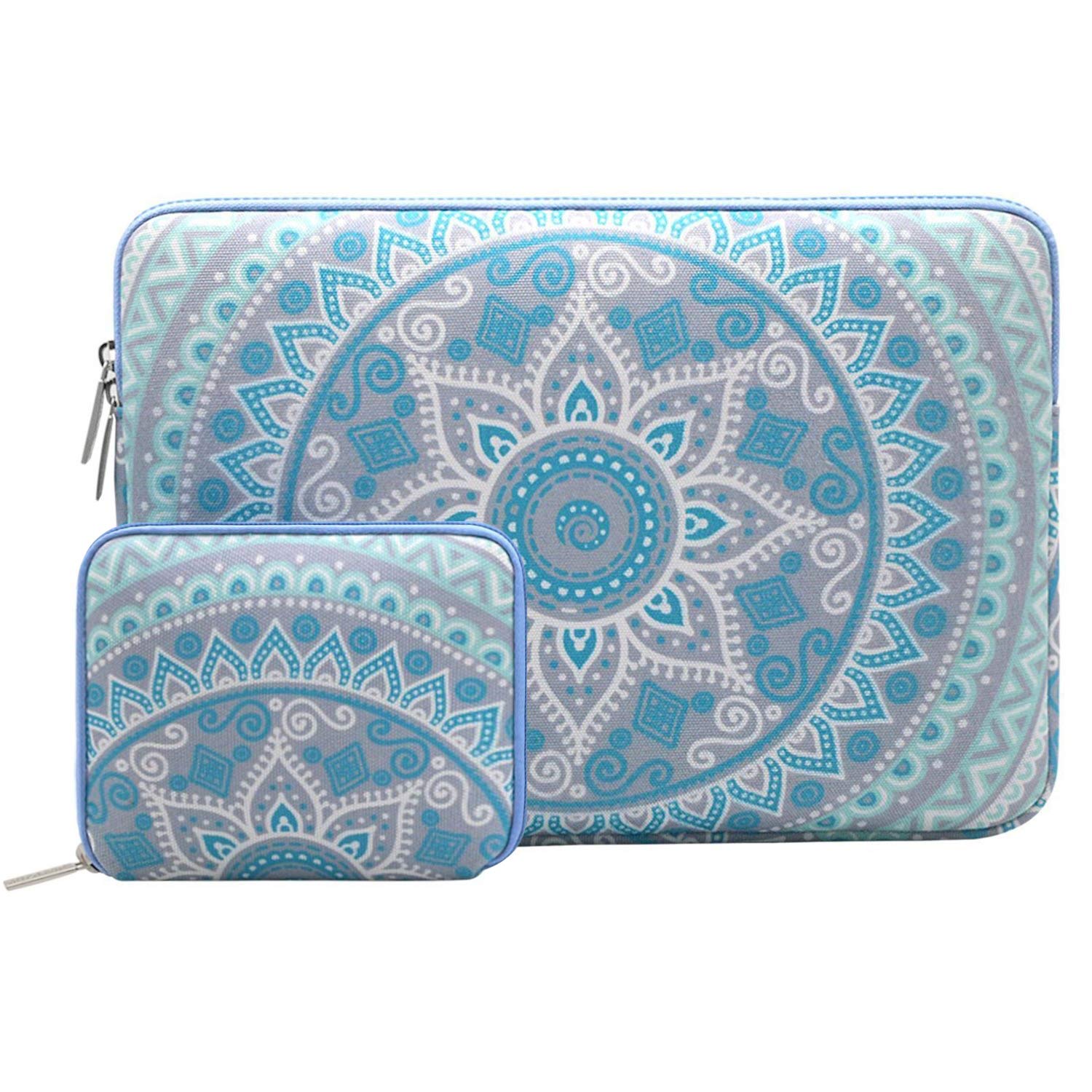Mosiso Mosiso Laptop Sleeve Bag for 13-13.3 Inch MacBook Pro, MacBook Air, Notebook Computer with Small Case, Canvas Fabric Mandala Pattern Protective Cover, Mint Green and Blue